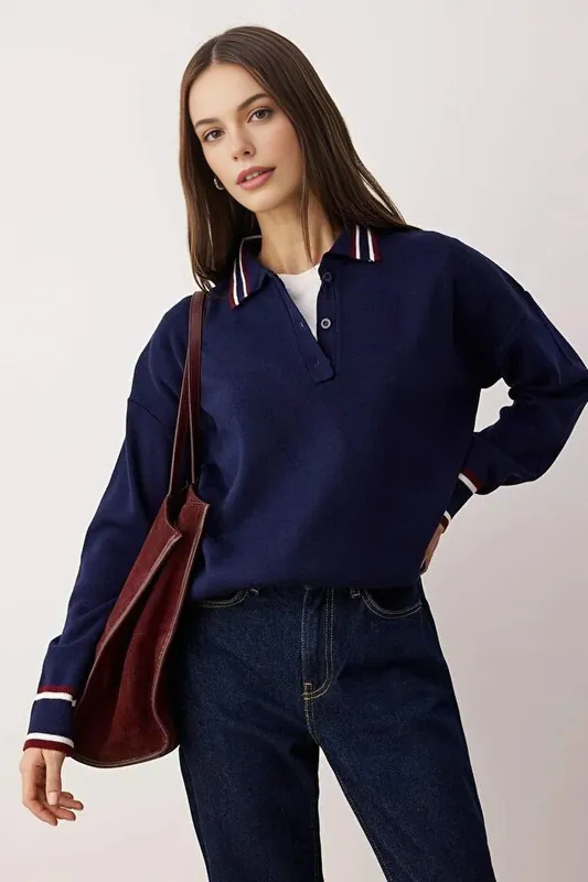 Contrast Trim Polo Collar Knitted Jumper - WOVCOR