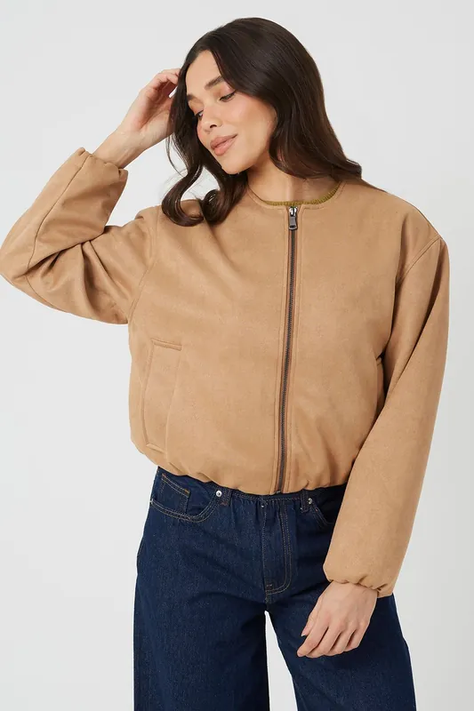 Faux Suede Bomber Jacket With Oversized Sleeves - Brave Soul