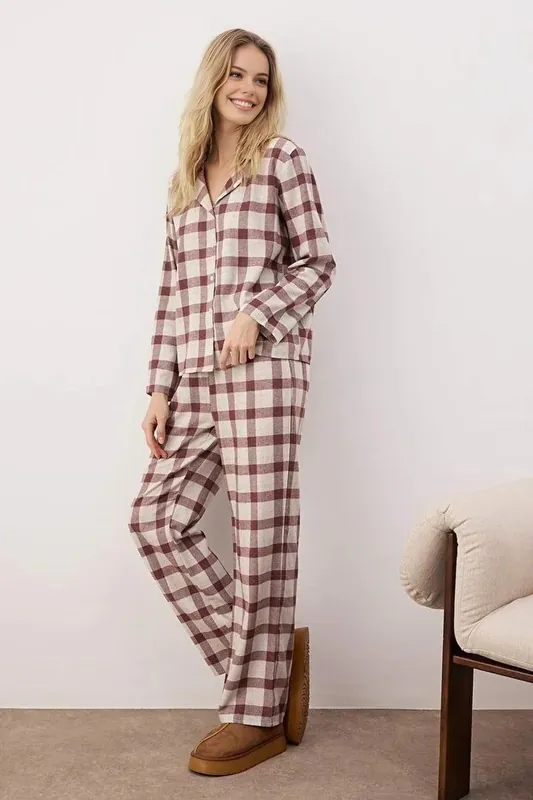 Buffalo Check Revere Collar Long Sleeve Cotton Flannel Pyjama Set - WOVCOR