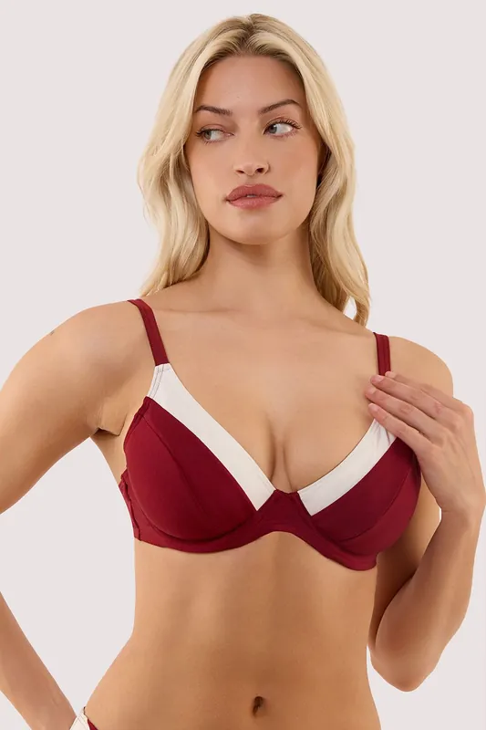 Stasia Wine and Ivory Fuller Bust Underwired Bikini Top - Wolf & Whistle