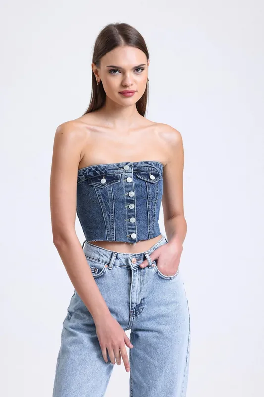 Strapless Denim Buttoned Crop Top - Hiccup