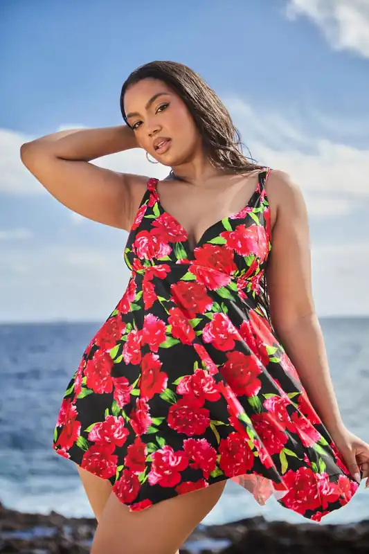 Floral Print Hanky Hem Swim Dress - Yours