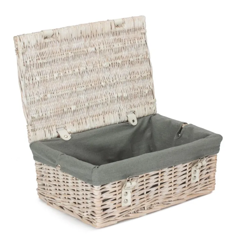 35cm Empty Whitewash Picnic Basket with Grey Lining - Red Hamper