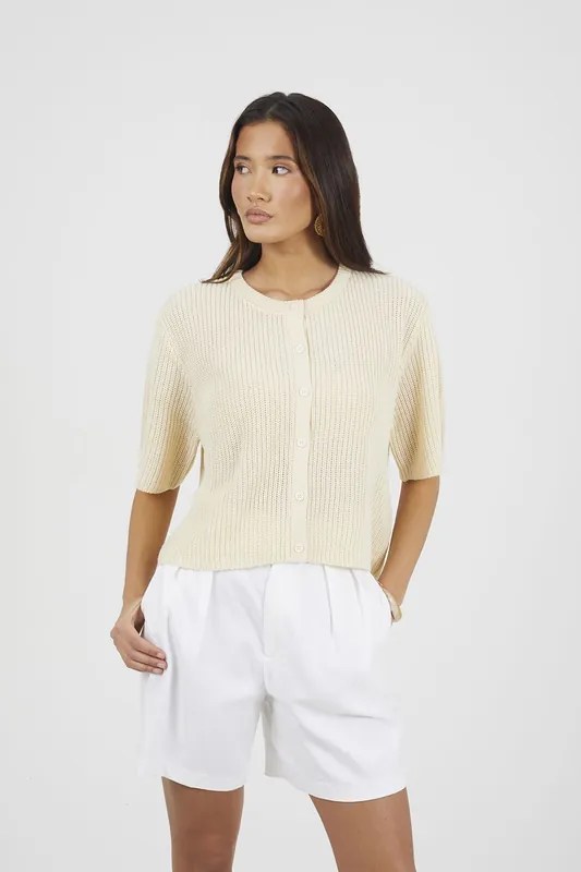 Short Sleeve Crew Neck Fisherman Knit Cardigan - Brave Soul