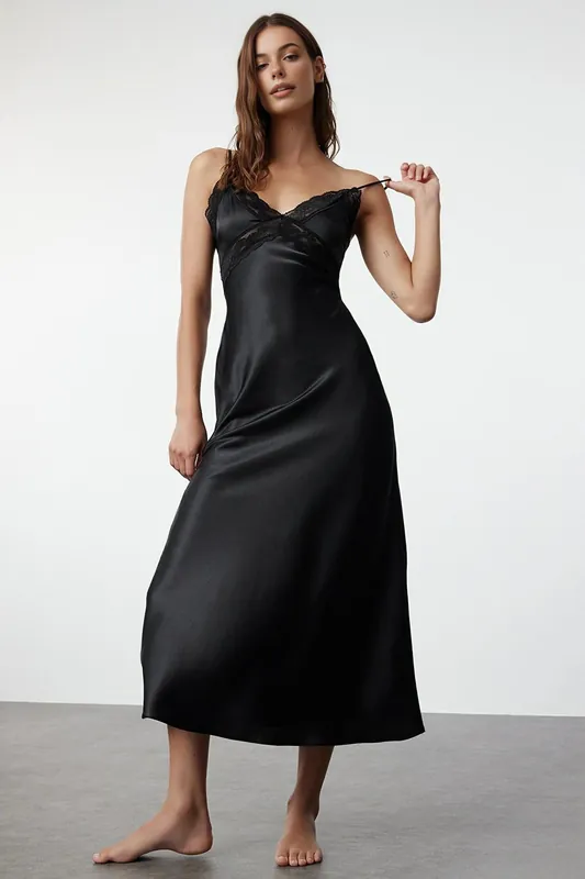 Lace Trim V-Neck Satin Strappy Midi Nightdress