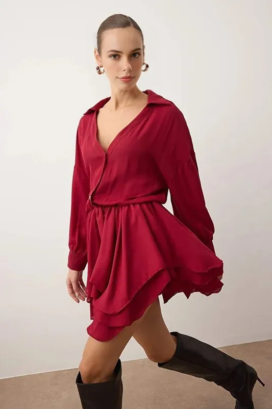 Ruffle Hem Button Front Super Mini Chiffon Dress - WOVCOR