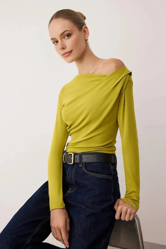 Asymmetric Neck Drape Detail Stretch Knit Fitted Blouse - WOVCOR
