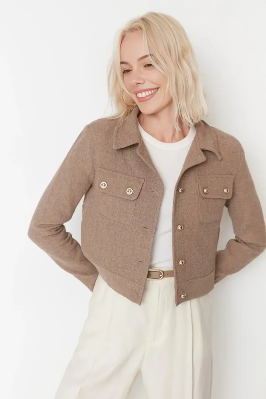 Plain Collared Button Front Wool Look Jacket - WOVCOR