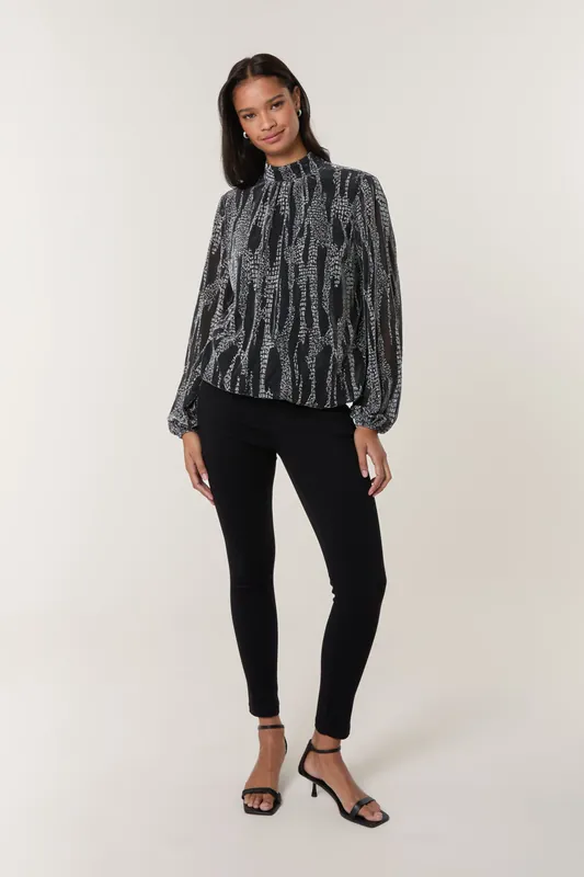 Silver Snake High Neck Puff Ball Blouse - Blue Vanilla