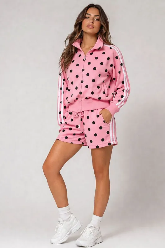 Polka Dot Side Stripe Fleece Co-Ord Top and Shorts