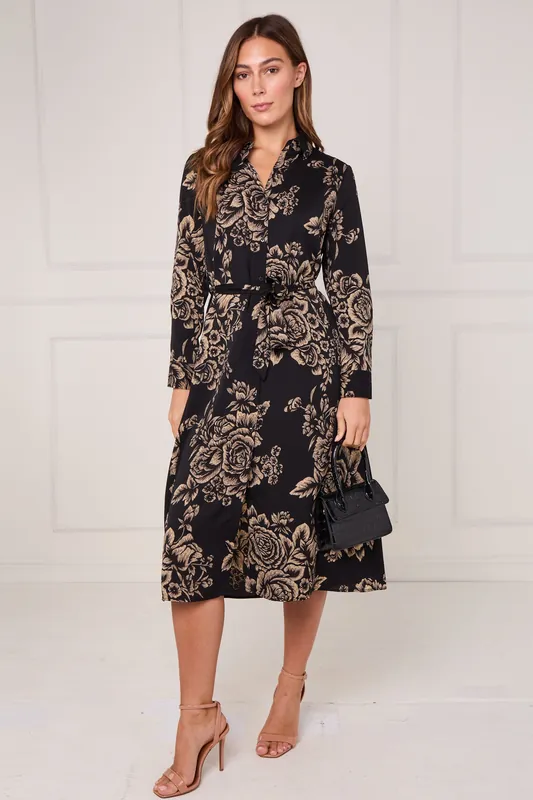 Black and Gold Vintage Rose Print Midi Shirt Dress - Love Sunshine
