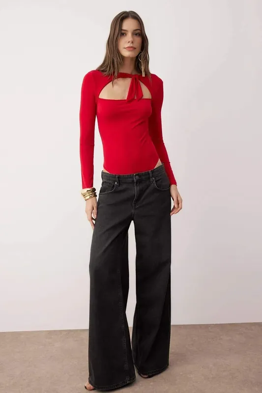 Asymmetric Cut-Out Knit Bodysuit with Tie Neck Detail