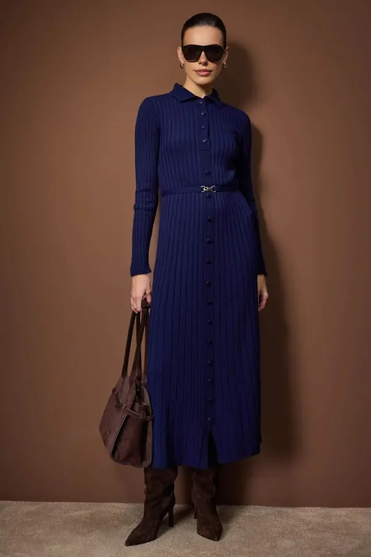 Ribbed Knit Button Front Midi Dress with Belt Detail - WOVCOR
