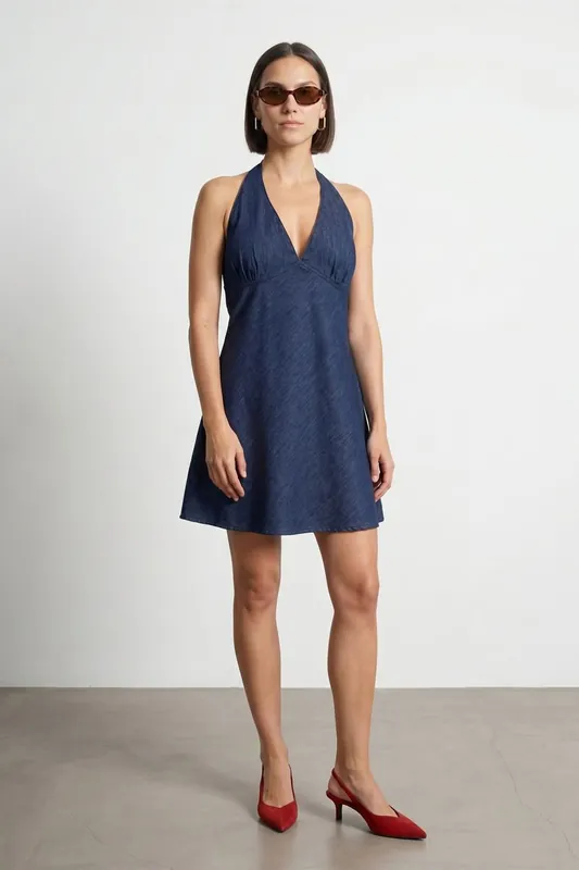 Cotton Denim Halter Mini Dress - Dilvin