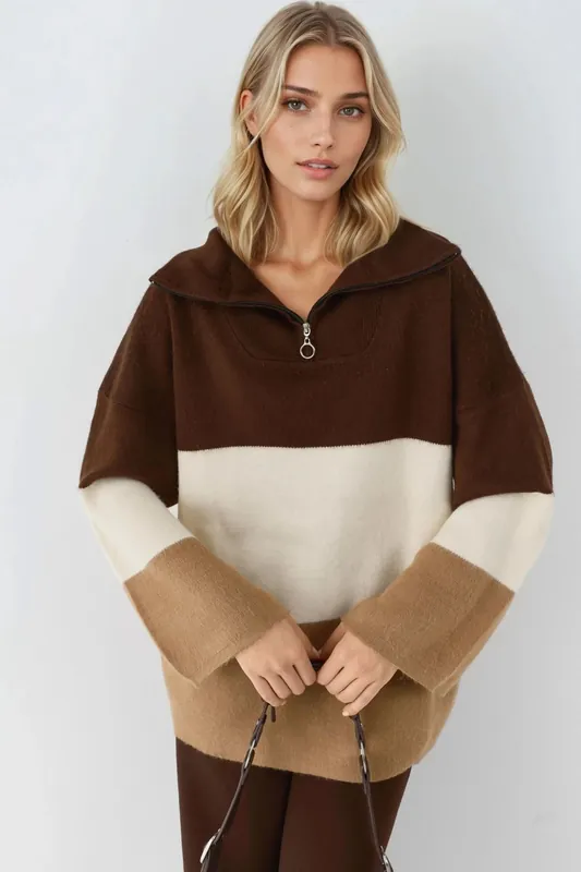 Color Blocked Oversized Knit Sweater with Zipper Collar - MyFashion