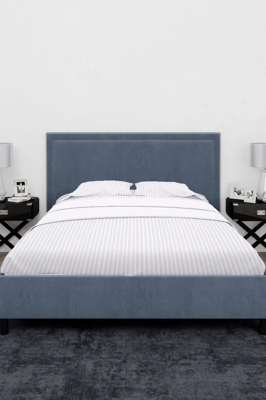 300TC Cotton Fitted Sheet, White Satin Stripe, King, 150x200x30cm - Neel Blue
