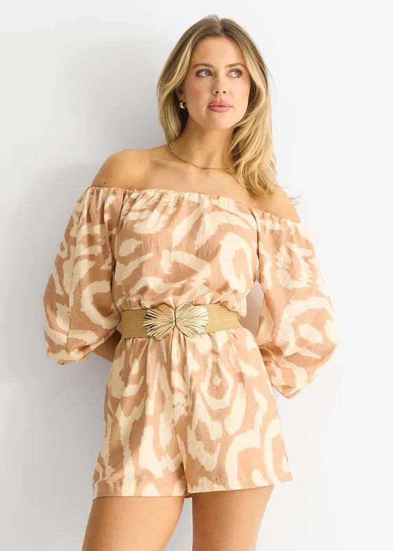 Beige Abstract Belted Bardot Viscose Playsuit - Gini London