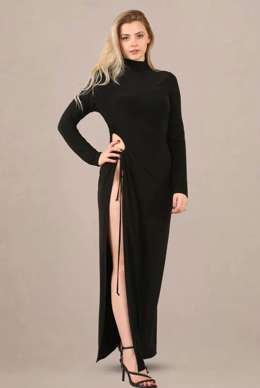 Black Ruched Cut-Out High Neck Thigh Slit Maxi Dress