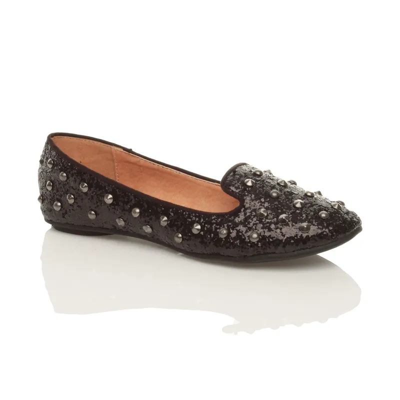 Flat Heel Studded Glitter Loafers Ballet Pumps - AJVANI