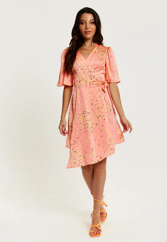 Mini Abstract Animal Print Wrap Dress in Peach - Liquorish