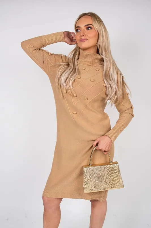 Ivanya High Neck Long Sleeve Knitted Jumper Dress With Bobble Detail - IKRUSH