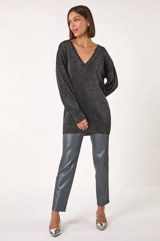 Relaxed Stretch Shimmer V-Neck Jumper