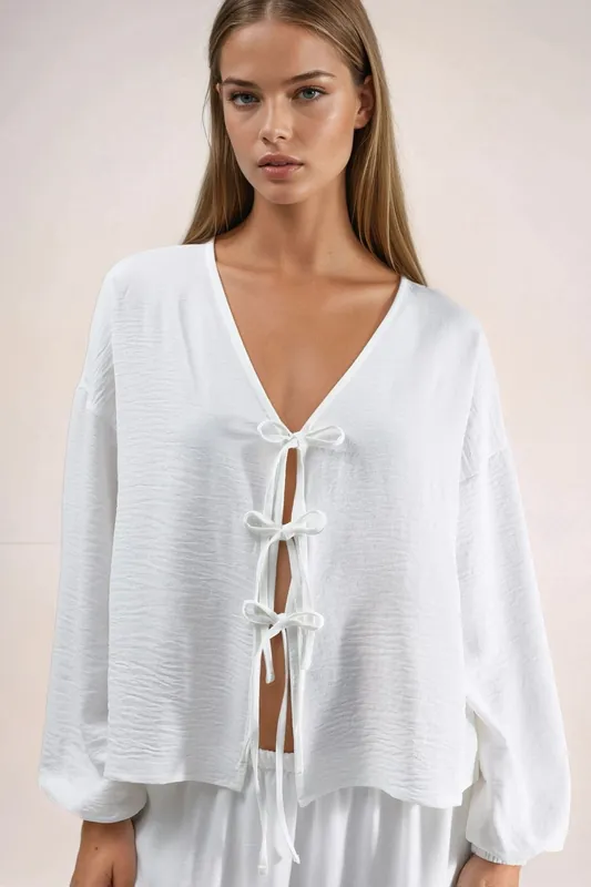 Oversized V-Neck Tie Closure Blouse