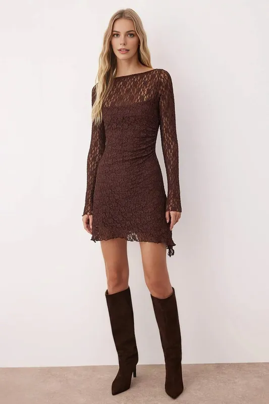 Long Sleeve Asymmetrical Lace Mini Knit Dress with Back Detail - WOVCOR