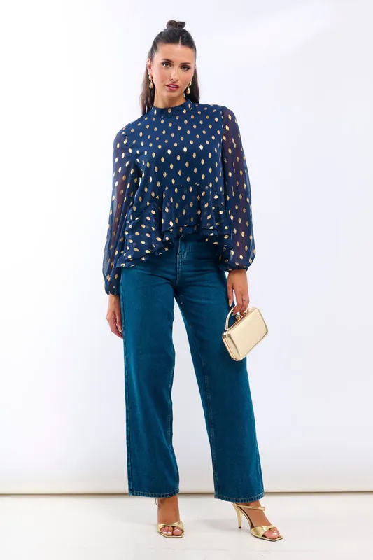 Navy Foil Ruffle Hi Low Blouse - Needs No Label