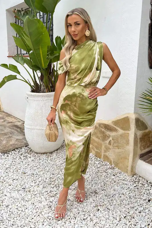 Lime Marble Print Off The Shoulder Midi Dress - AX Paris
