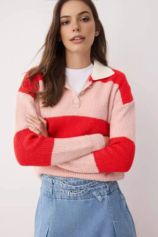 Ribbed Collared Stripe Knit Jumper - WOVCOR