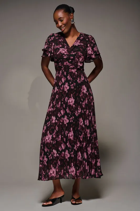Chiffon Ruffle Sleeve Pleated Maxi Dress - Jolie Moi