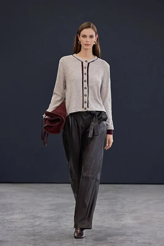 Wool Blend Knit Button Through Cardigan with Piping Detail - WOVCOR