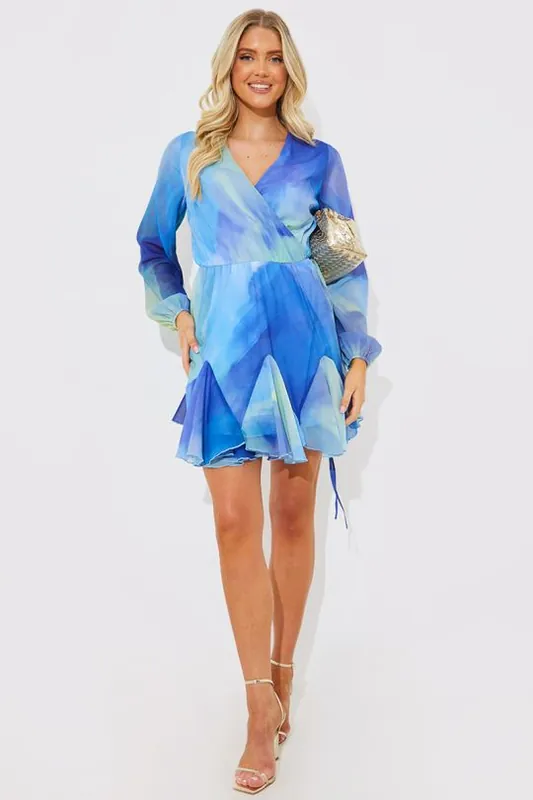 Abstract Print Chiffon Wrap Godet Frill Mini Dress - In The Style