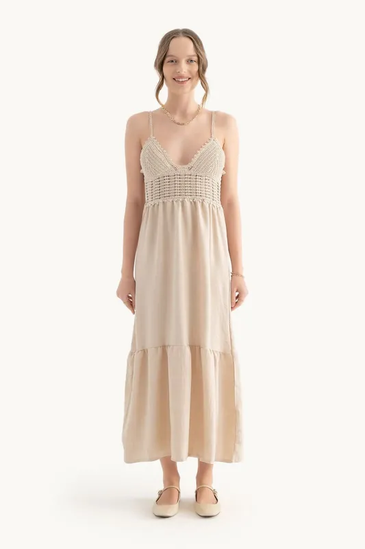 Linen V Neck Spaghetti Strap Tiered Maxi Dress - Hiccup