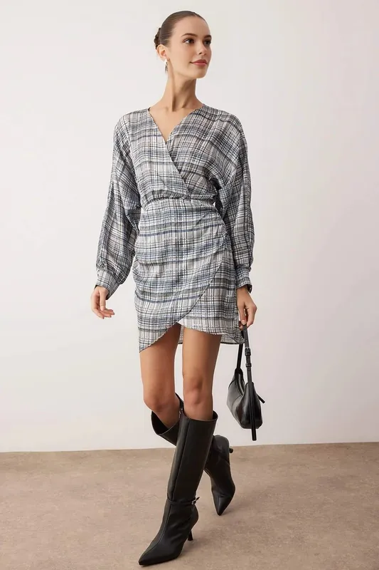Check Woven Wrap Long Sleeve Mini Dress - WOVCOR