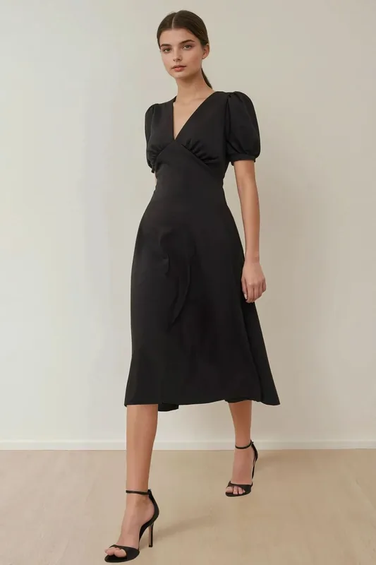 V-Neck Puff Sleeve A-Line Crepe Midi Dress