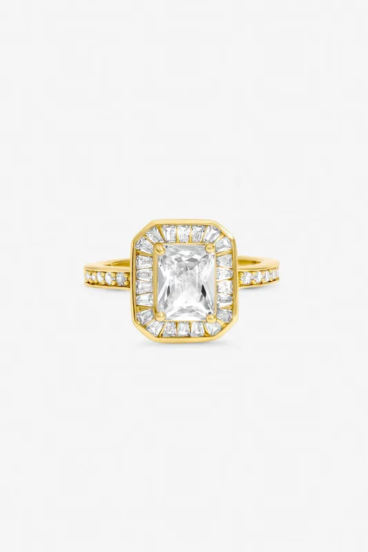 Gold Plated Emerald Cut Cubic Zirconia Ring - Jon Richard
