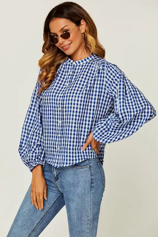 Gingham Balloon Sleeve Blouse with Shell Buttons - FS Collection