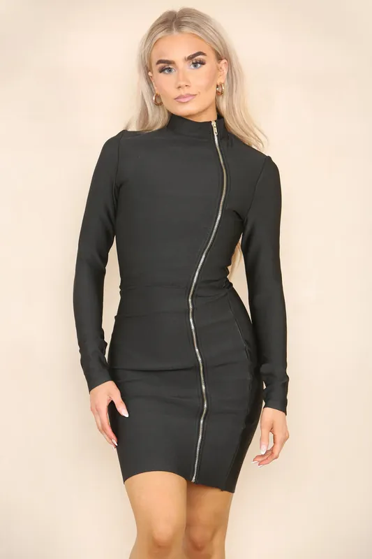 Mock O Neck Front Full Zip Micro Mini Bodycon Dress - ELAINA FASHION