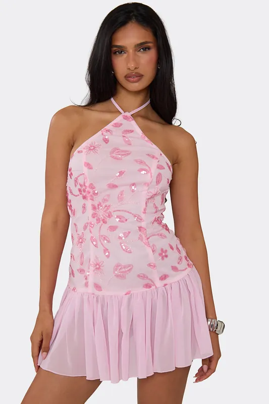 Sleeveless Halter Neck Contrast Mini Dress - EGO