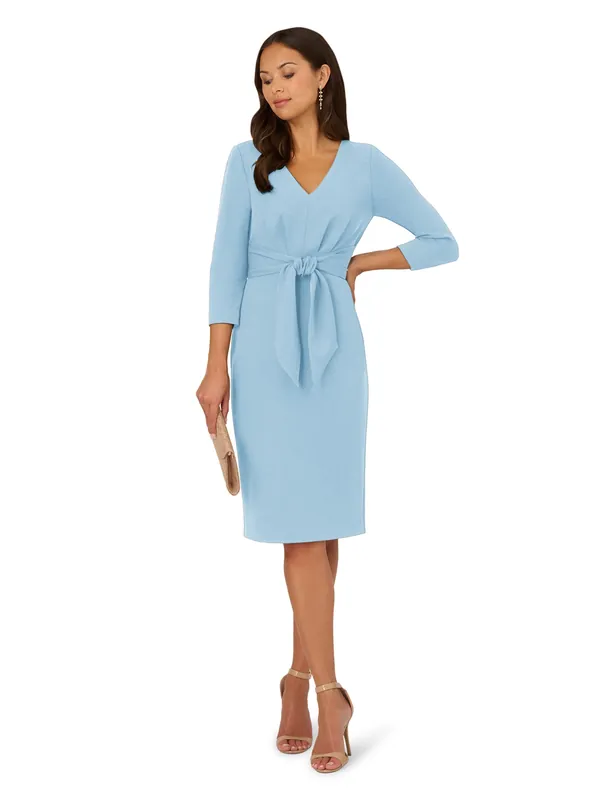 Tie V Neck Knit Crepe Dress - Adrianna Papell