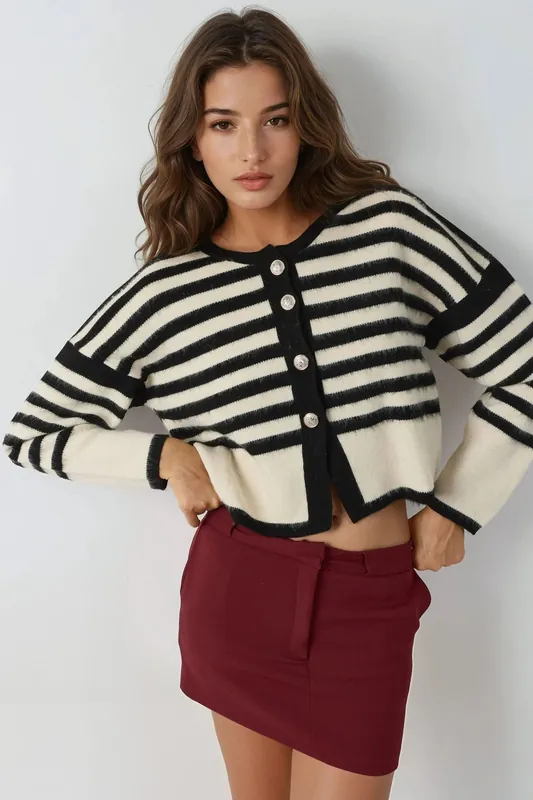 Striped Knit Cardigan with Button Closure - MyFashion