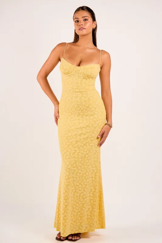 Taria Yellow Floral Flocked Corset Bustier Maxi Dress - Jaded Rose