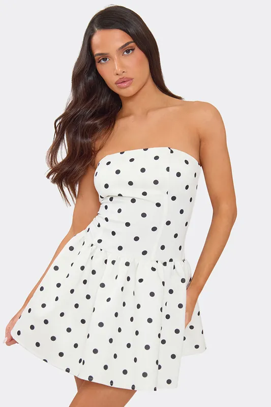 Sleeveless Pleated Polka Dot Mini Dress - EGO