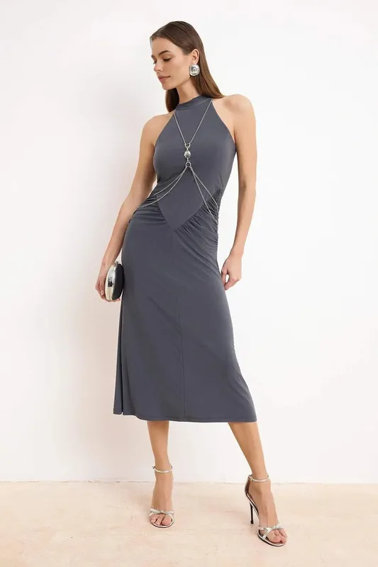 Halterneck Ruched Midi Dress with Chain Hardware Detail - WOVCOR