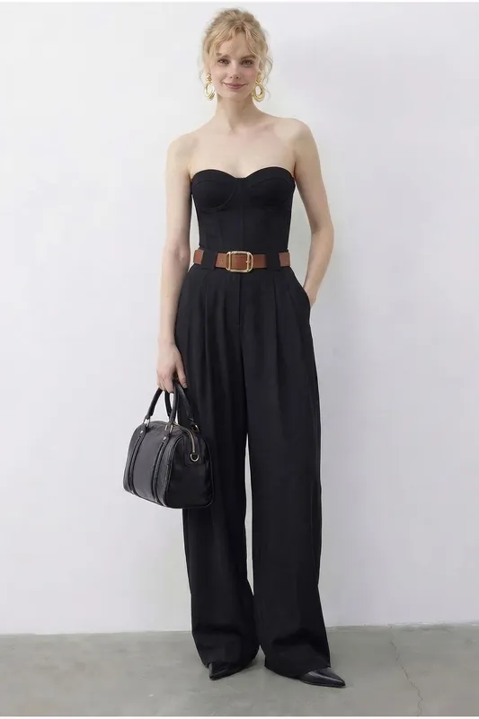 High Waist Wide Leg Palazzo Pants with Belt - Bianco Lucci