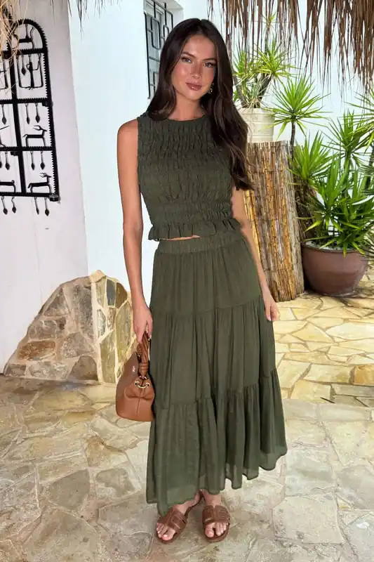 Khaki Tiered Midi Skirt - AX Paris