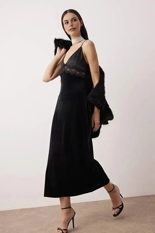 Velvet Satin Maxi Dress with Lace Trim - WOVCOR