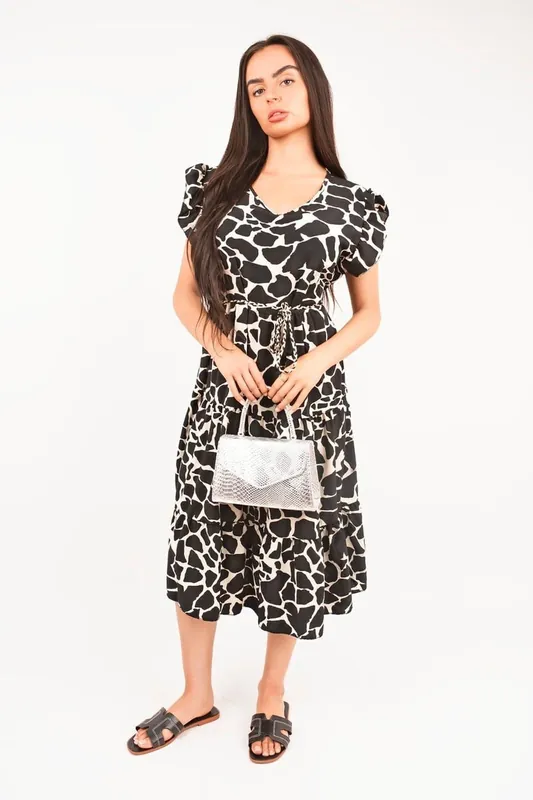 Noira Printed Short Sleeve Tiered Midi Dress With Waist Tie - IKRUSH